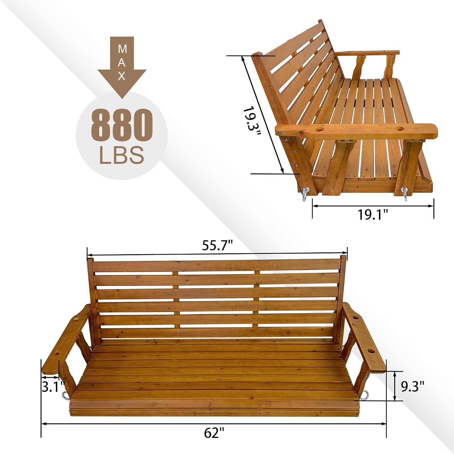Wooden Porch Swing, Ergonomic Seat, Bench Swing with Hanging Chains and 7mm Springs, Heavy Duty 800 LBS, for Outdoor Patio Garden Yard (Brown, 3-Seater Extra Large)