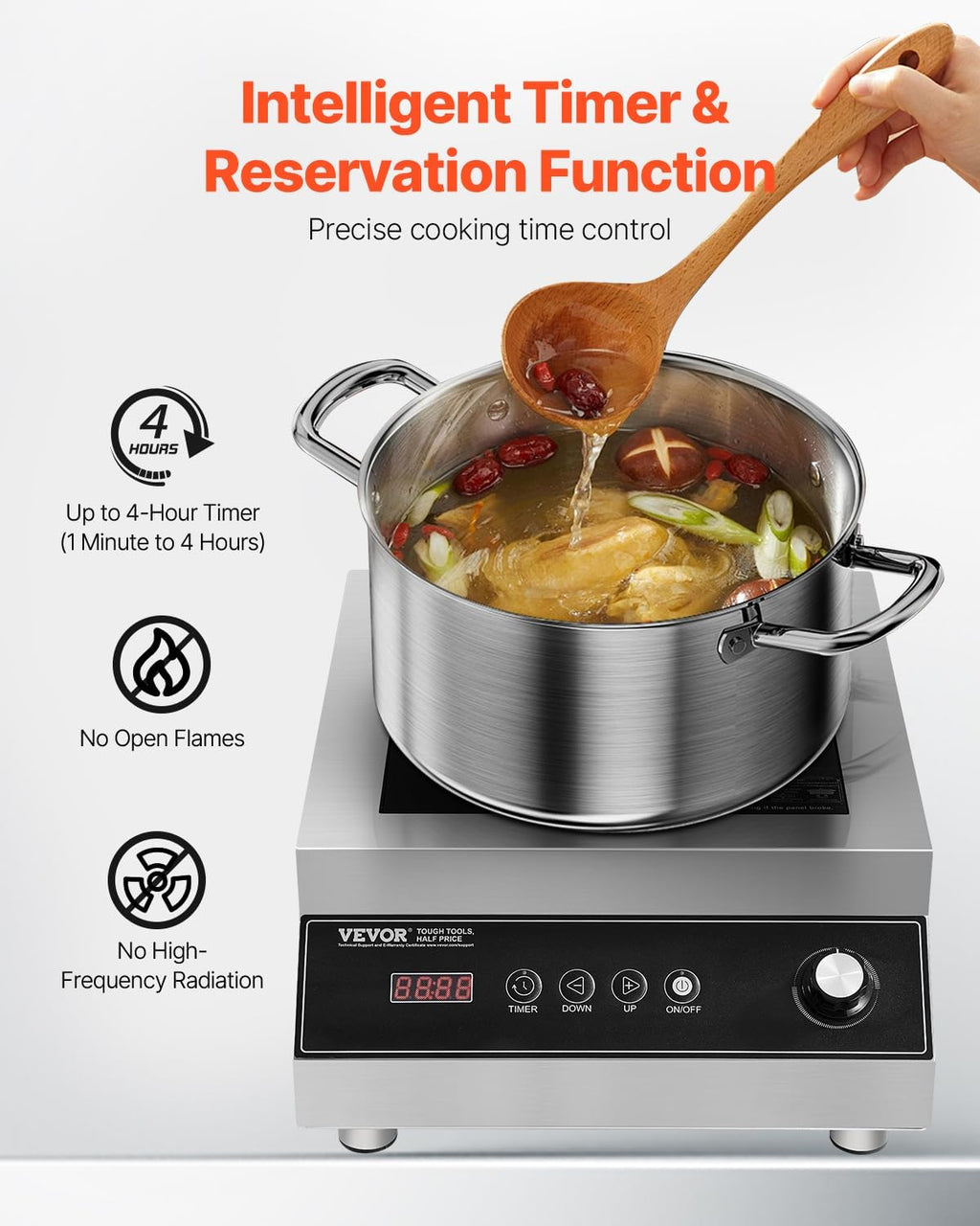 VEVOR Portable Commercial Cooktop, 5000W Induction Burner with 16 Temp Settings, Stainless Steel Countertop Induction Hot Plate with 4H Timer, Child Lock