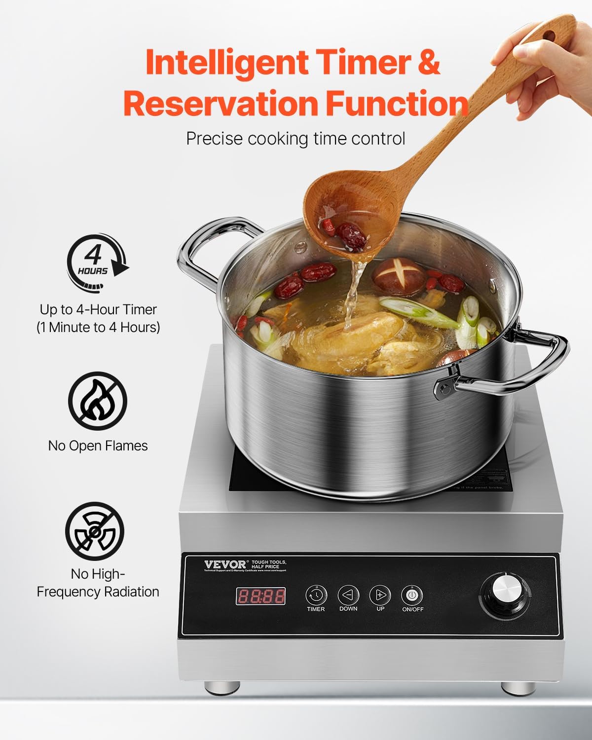 VEVOR Portable Commercial Cooktop, 5000W Induction Burner with 16 Temp Settings, Stainless Steel Countertop Induction Hot Plate with 4H Timer, Child Lock