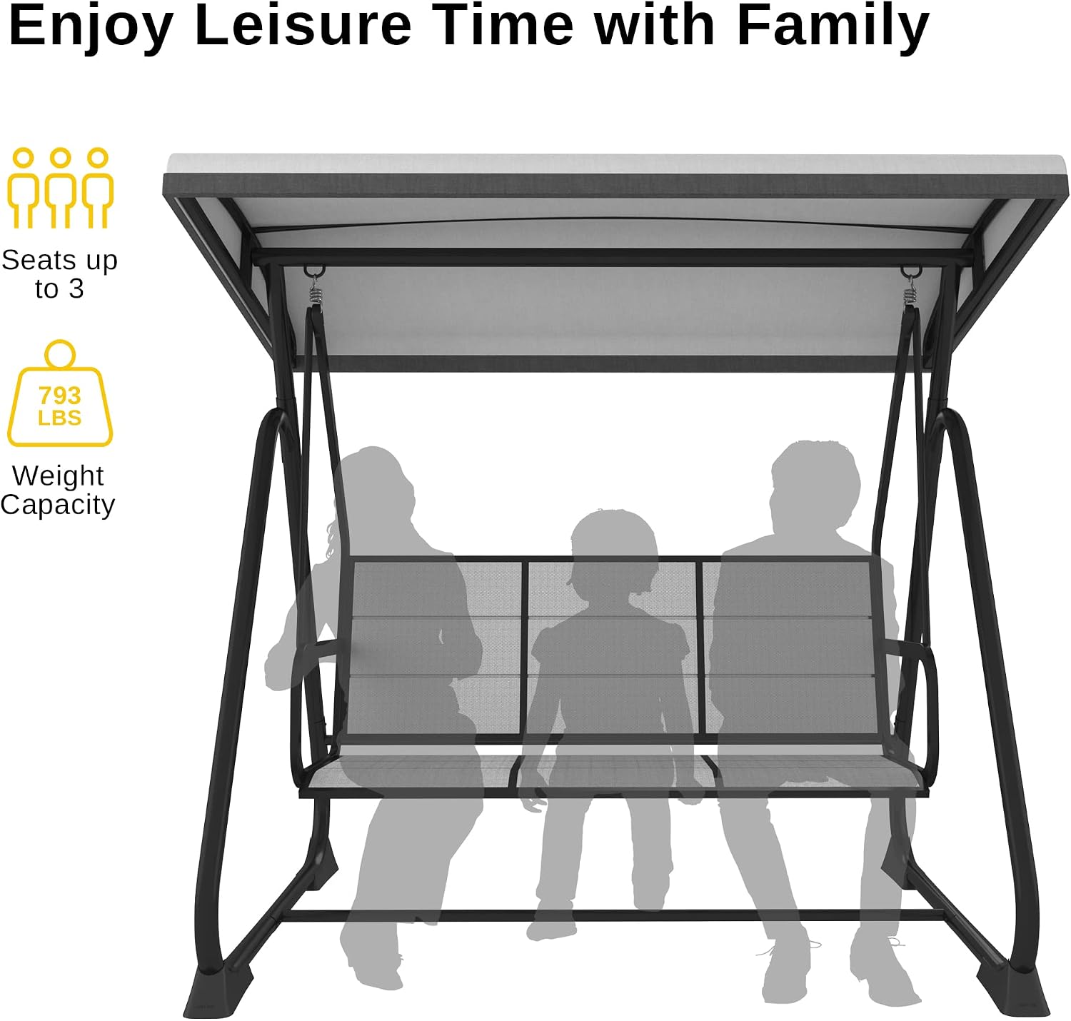 East Oak 3-Person Porch Swing with Adjustable Canopy, Outdoor Patio Swing Chair with Comfortable and Breathable Seats, Outdoor Swing Chairs for Balcony, Garden, Backyard, Black