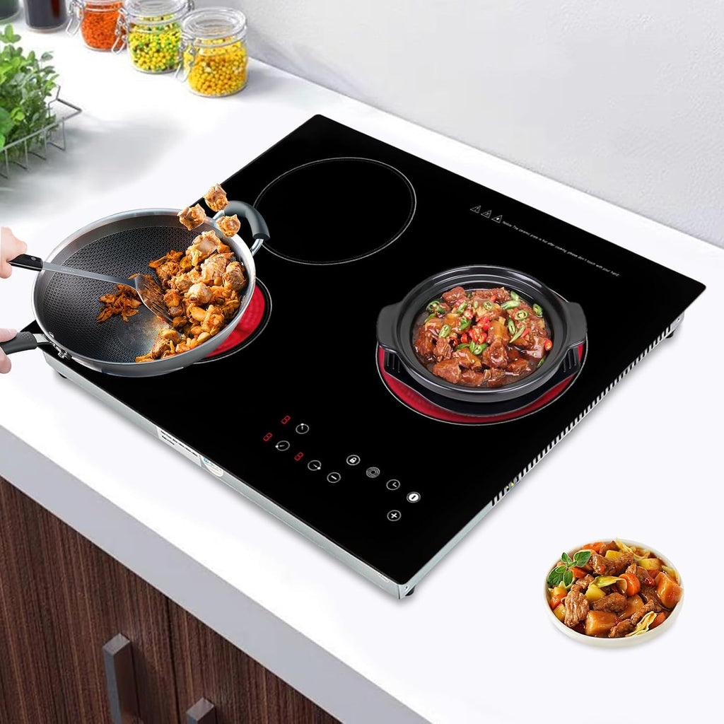 Digital Induction Cooktop,2600W 110V Double Burners Electric Stove, Countertop Burner with Legs, Induction Cooker Vitro Ceramic Glass Black Surface for Cast Iron Pan (2600W,3 Burners)