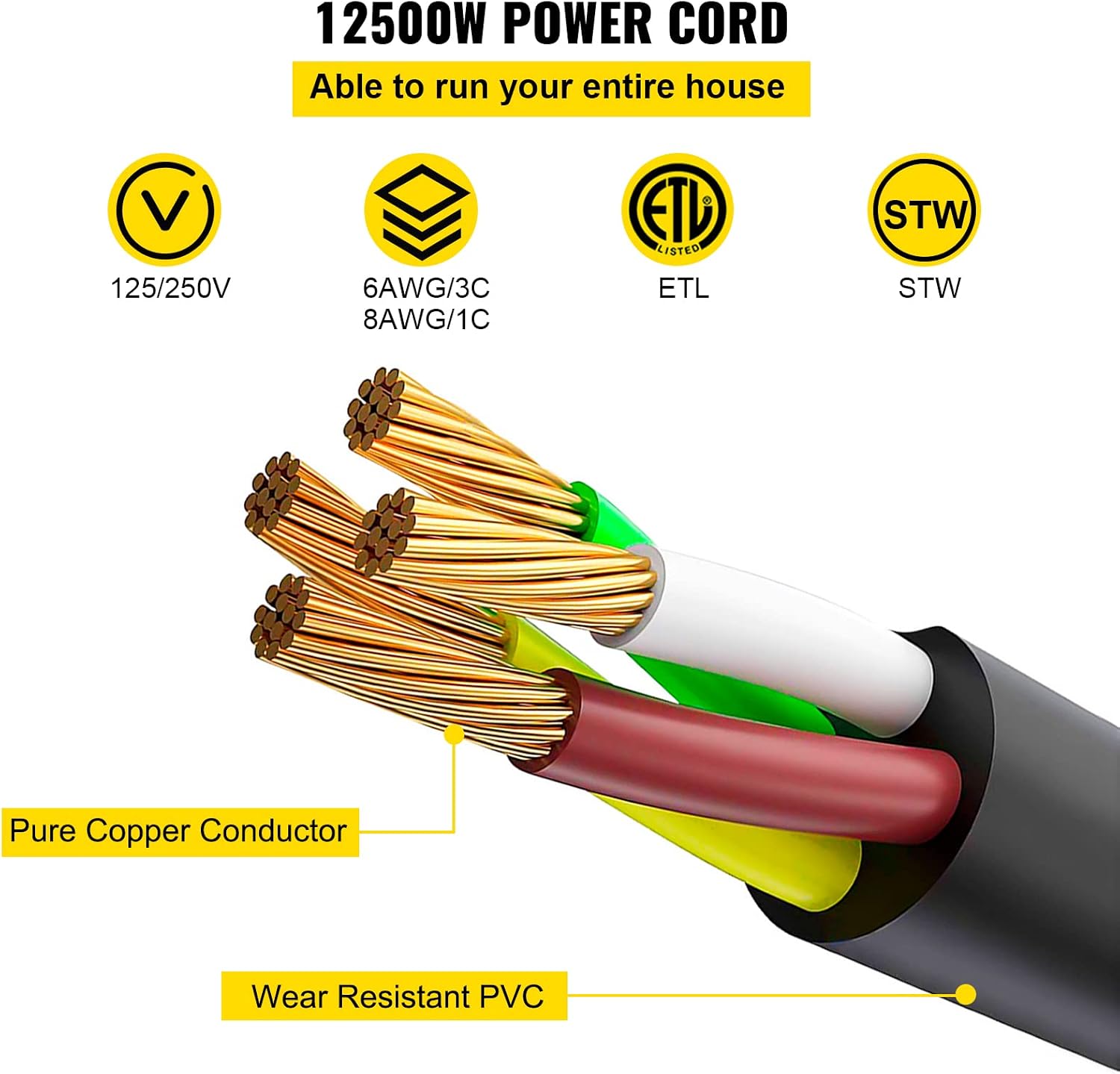VEVOR 50FT 50Amp RV Extension Cord NEMA N14-50P to N14-50R, 125 / 250V Heavy Duty STW 6/3+ 8/1 RV Power Cord, for EV Charging and RV Trailer Campers