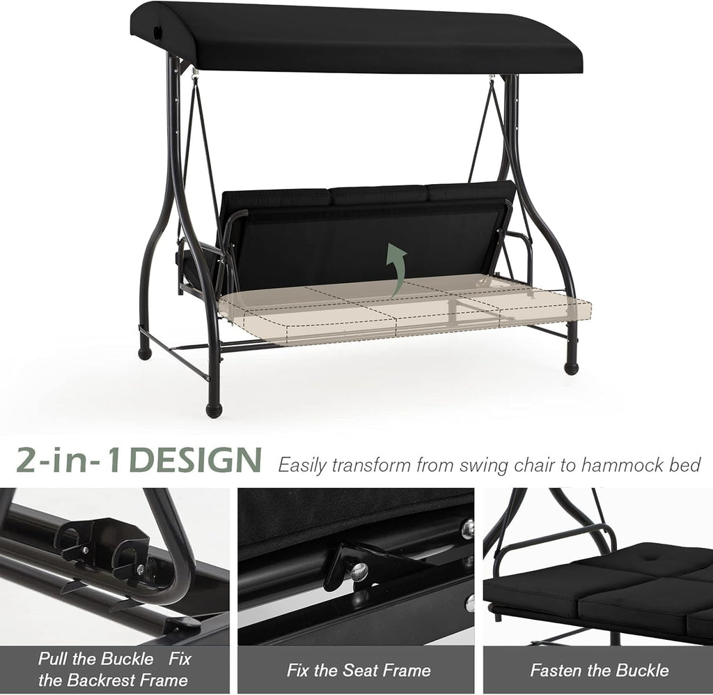 AECOJOY 3-Seat Outdoor Porch Swing with Adjustable Backrest and Canopy, Patio Swing w/Removable Cushions Outdoor Swing Bed for Porch, Backyard, Poolside, Black