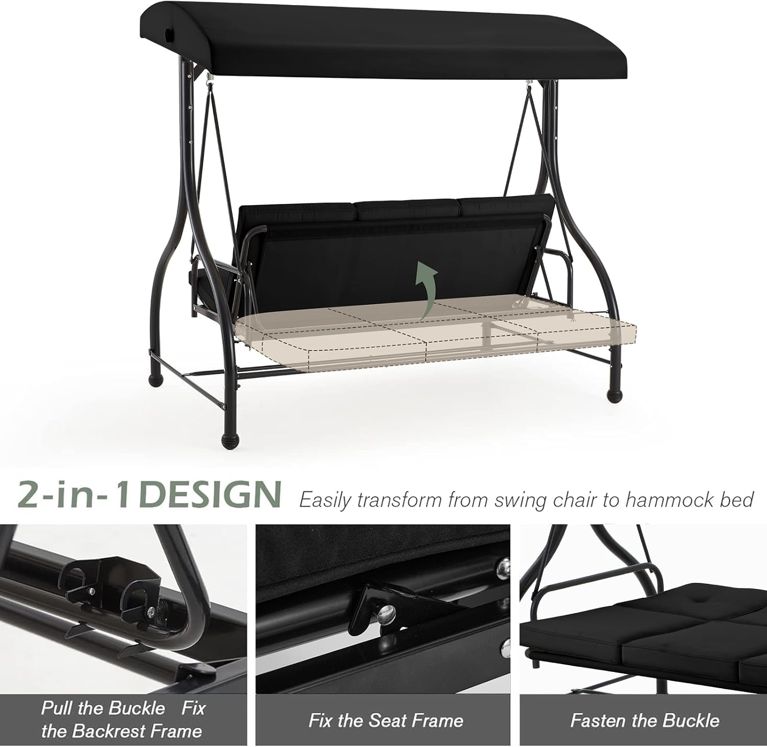 AECOJOY 3-Seat Outdoor Porch Swing with Adjustable Backrest and Canopy, Patio Swing w/Removable Cushions Outdoor Swing Bed for Porch, Backyard, Poolside, Black
