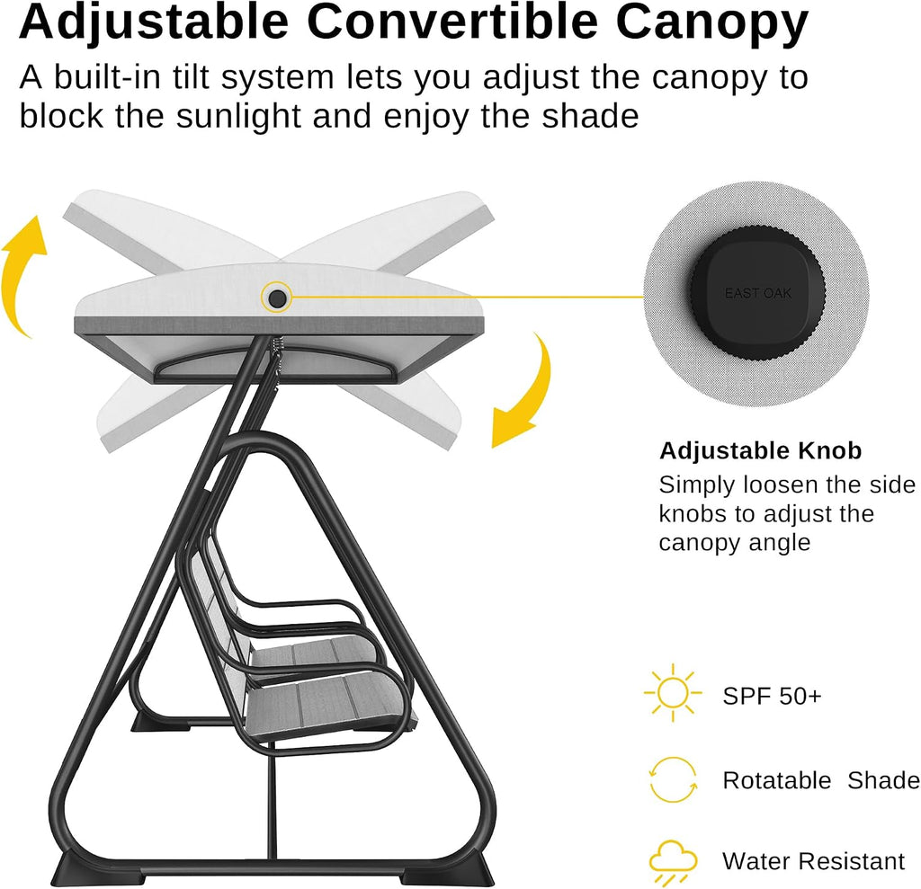 East Oak 2-Person Outdoor Patio Swing Chair with Adjustable Canopy, Porch Swing with Comfortable and Breathable Seats, Independent Swing Chairs for Garden, Balcony, Backyard, Charcoal Black