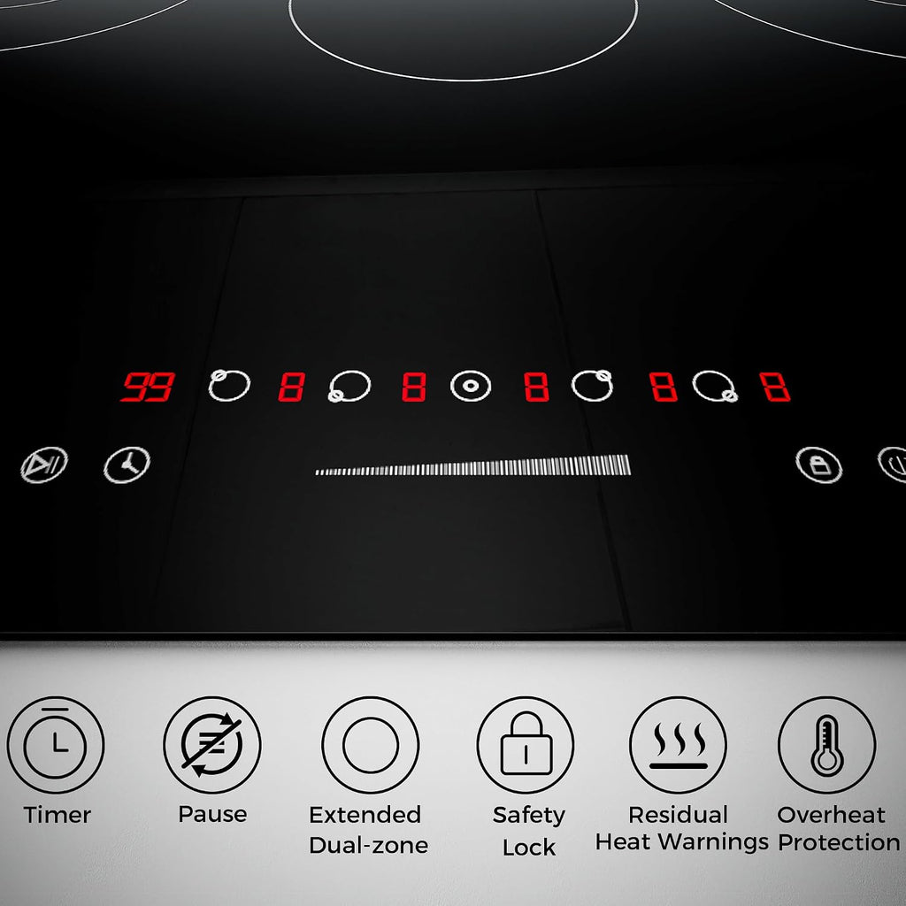 Empava 36 Inch Electric Ceramic Cooktop, 5 Radiant Burners with Dual-Ring Rear Zones & 100W Warmer, Touch Slider Controls, Stop & Go, Child Lock, Built-in, ETL Certified