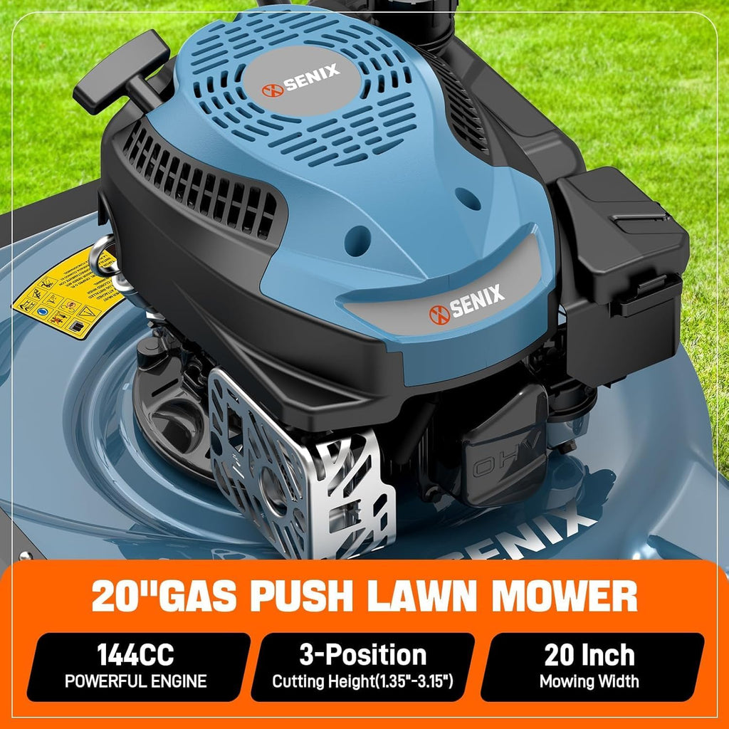 SENIX 17-Inch 26.5 cc Gas Weed Wacker, 20-Inch 144 cc 4-Cycle Gas Lawn Mower, 26.5cc Gas Leaf Blower and 16' Corded Chainsaw Kit