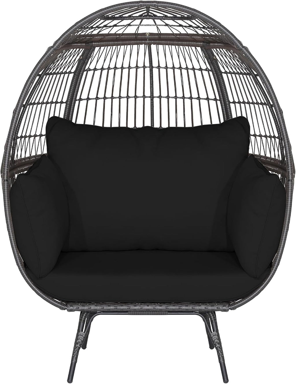Tangkula PE Wicker Egg Chair, Patiojoy Oversized Indoor Outdoor Patio Lounge Chair with Cushions and Pillows, Steel Frame Basket Chair for Garden, Deck, Balcony, Living Room (Black)