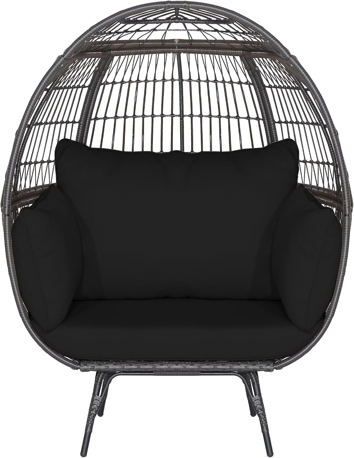 Tangkula PE Wicker Egg Chair, Patiojoy Oversized Indoor Outdoor Patio Lounge Chair with Cushions and Pillows, Steel Frame Basket Chair for Garden, Deck, Balcony, Living Room (Black)