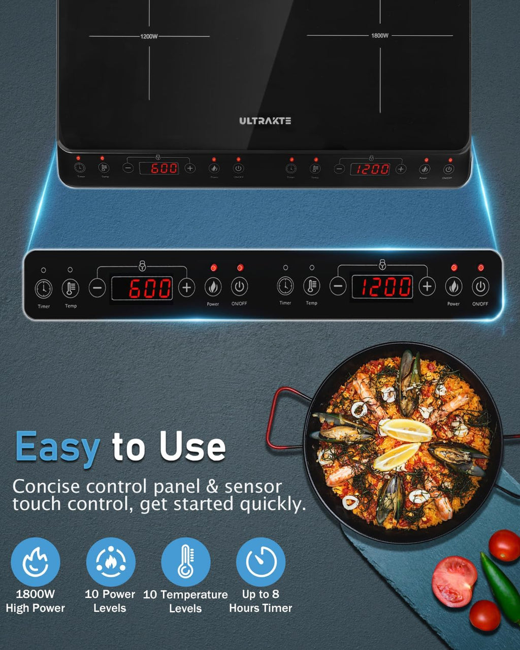 Double Induction Cooktop, ULTRAKTE Portable Dual Countertop Burner with Sensor Touch, 1800W Induction Cooktop 2 Burner, Electric Countertop Cooker with 10 Temp & Power Levels, 8-Hour Timer,Safety Lock