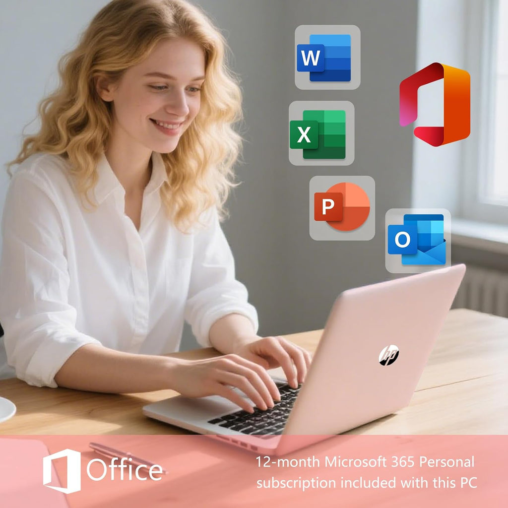 HP 14 Elite Laptop, 4GB RAM, 1.12TB Total Storage (64GB+64GB MSD+1TB Cloud), Rose Gold Pink, Office 365, Intel Multi-Core, Win11, Copilot AI, 11Hr Battery, Alpacatec Mouse