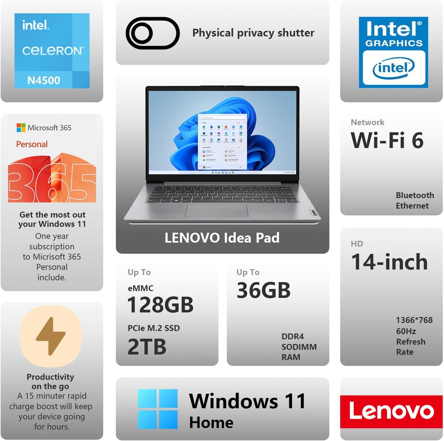 Lenovo IdeaPad 1 Everyday Laptop, 14' HD Display, 8GB RAM, 384GB Storage(128GB eMMC + 256GB PCIe), 1 Yr Office 365 Included, Intel Core Processor, Win 11 Home, Bundle with Thunderobot Wireless Mouse