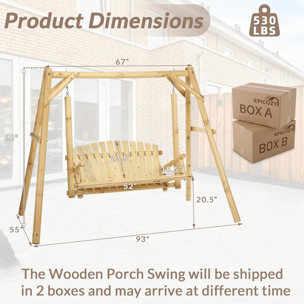2-Seat Wooden Log Porch Swing With Stand, Rustic Hardwood Chair Bench, Curved Back, for Outside Yard, Garden, Deck, Poolside, Natural