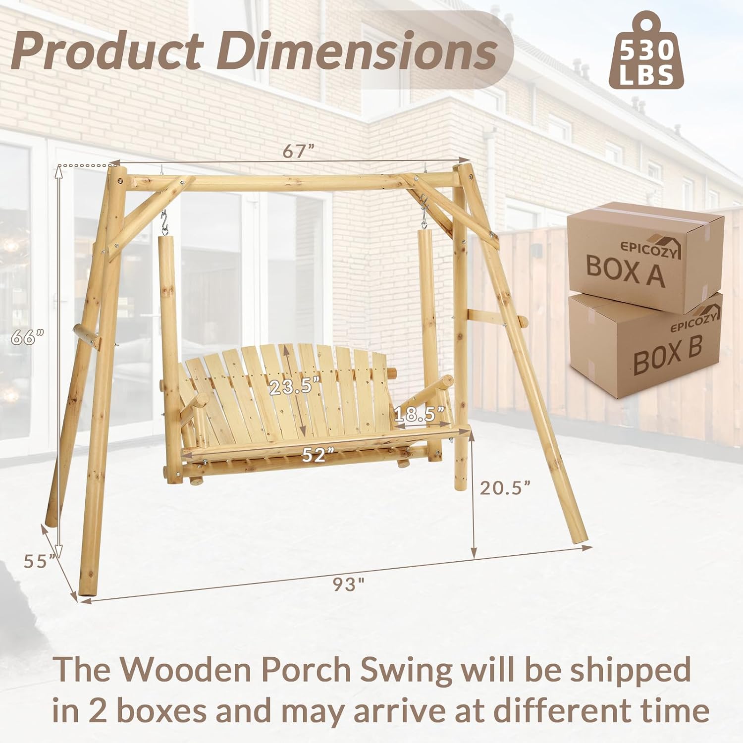 2-Seat Wooden Log Porch Swing With Stand, Rustic Hardwood Chair Bench, Curved Back, for Outside Yard, Garden, Deck, Poolside, Natural