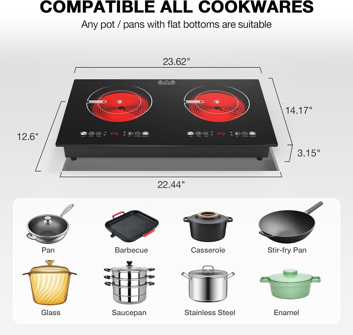 VBGK 2 Burner Electric Cooktop,110V 2400W Electric Stove Top with Touch Control,9 Heating Level,Timer & Kid Safety 2 burner cooktop.