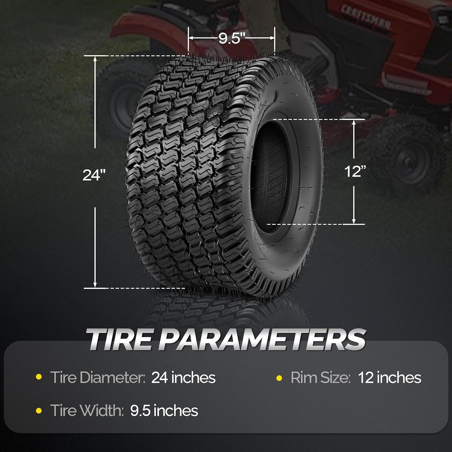 TUFFIOM 24x9.50-12 Lawn Mower Tires Set of 2, 4PR Turf Tire Lawn & Garden Tires, Compatible With Most Lawn & Garden Utility Vehicles, Tubeless