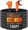 50 Amp RV Extension Cord 100 ft, Heavy Duty 6/3+8/1 SJTW AWG RV Power Cord with Grip Handle Twist Lock, NEMA 14-50P to SS2-50R with LED Indicator