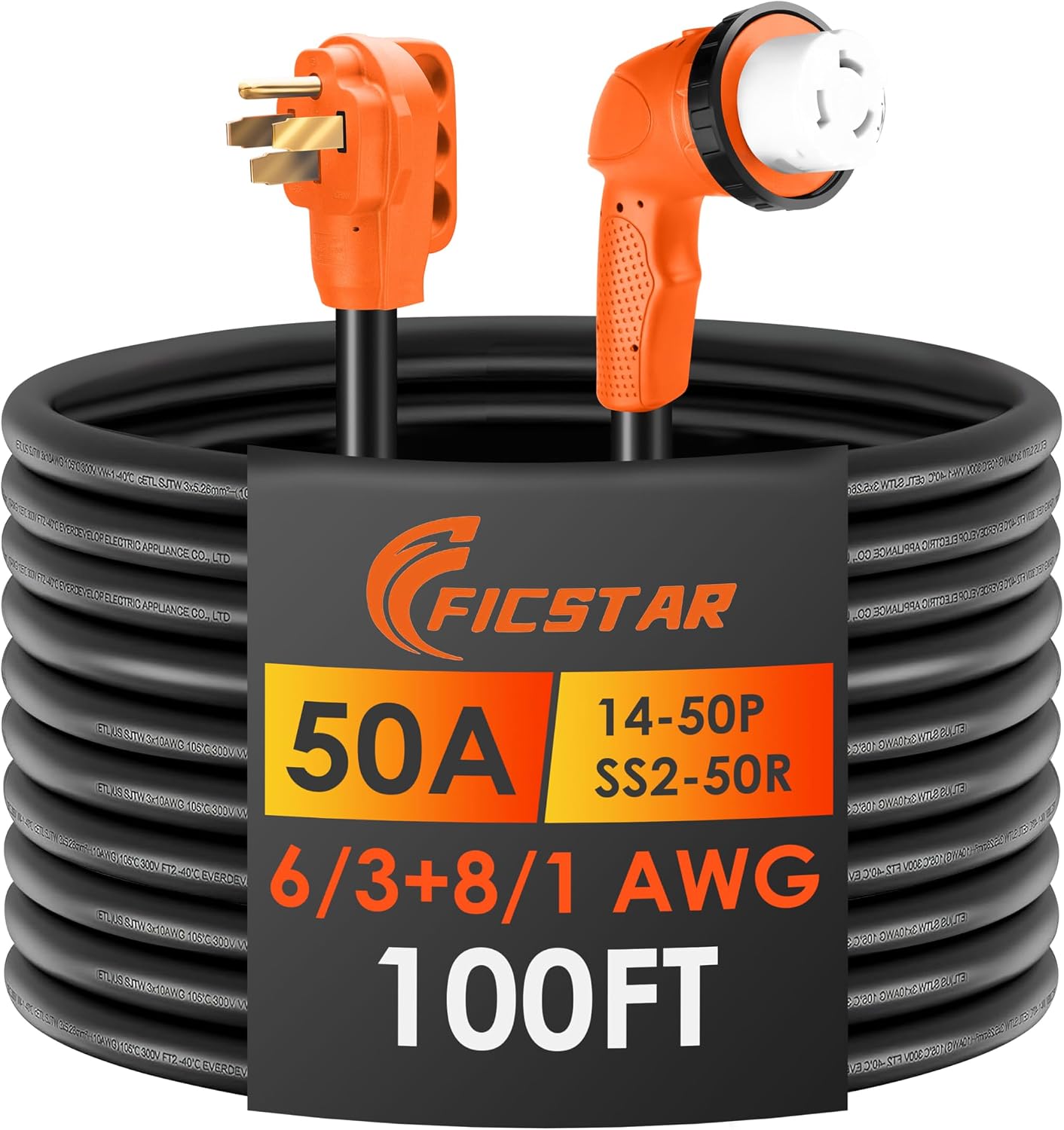 50 Amp RV Extension Cord 100 ft, Heavy Duty 6/3+8/1 SJTW AWG RV Power Cord with Grip Handle Twist Lock, NEMA 14-50P to SS2-50R with LED Indicator