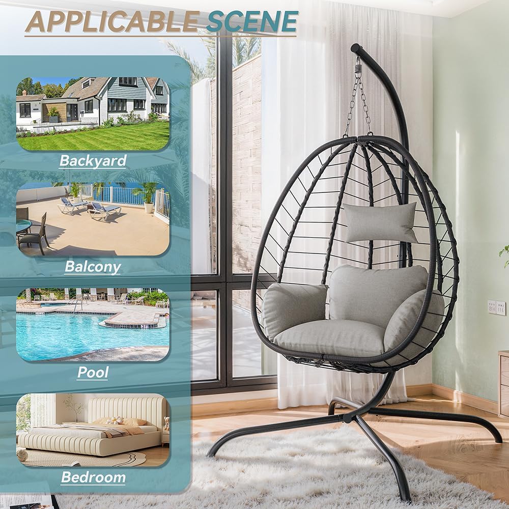 Kurapika Egg Swing Chair Indoor Outdoor Patio Wicker Rattan Hanging Egg Chair with Stand, Hammock Swing with Cushioned Headrest, 350LB Capacity for Bedroom, Balcony, Garden (Beige)