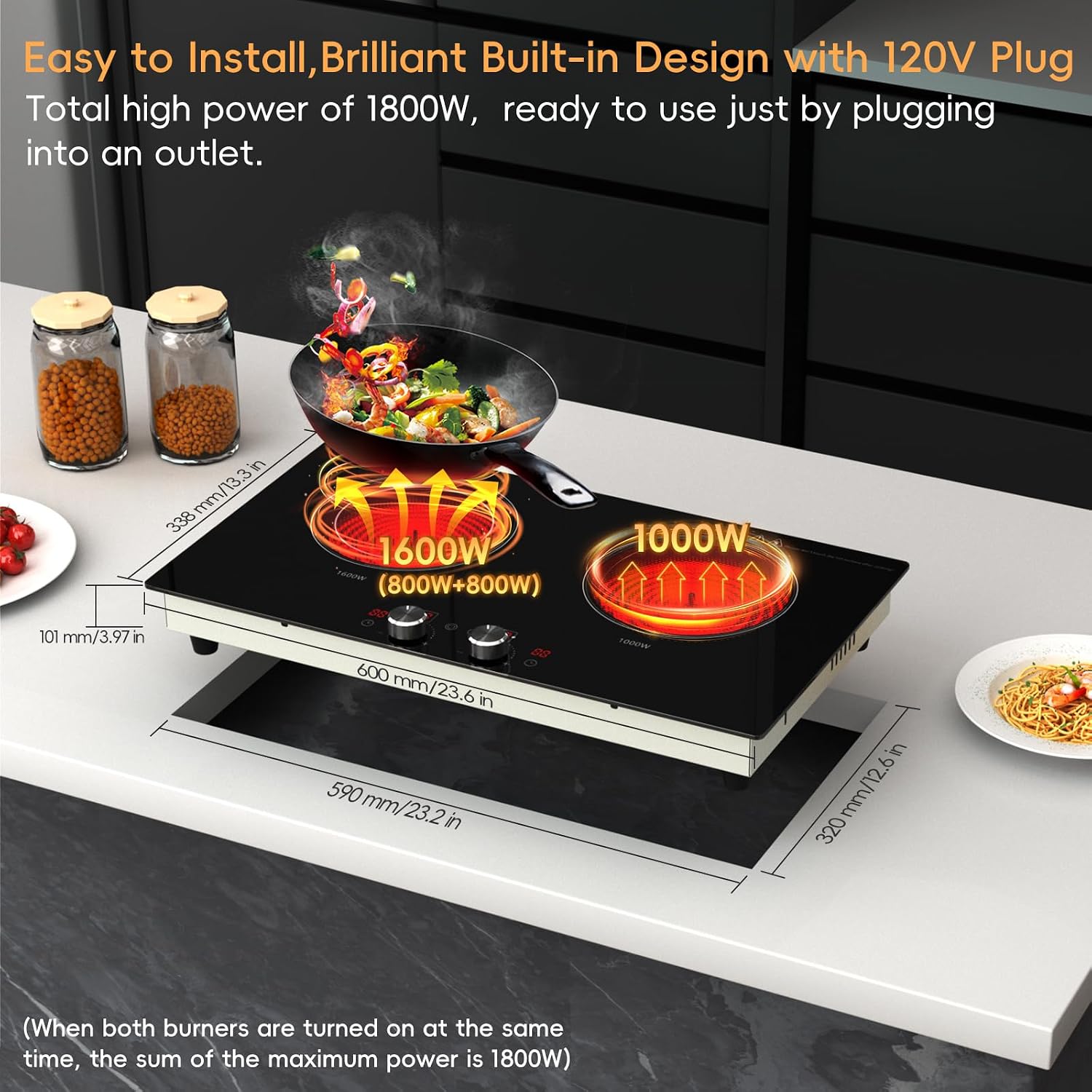 2 Burner Electric Cooktop 24 Inch, 120V Electric Stove Top with Countertop & Built-in Design, 1800W Knob Control Radiant Ceramic Cooktop with Safety Lock, 9 Level Power, 99 Min Timer - Plug in