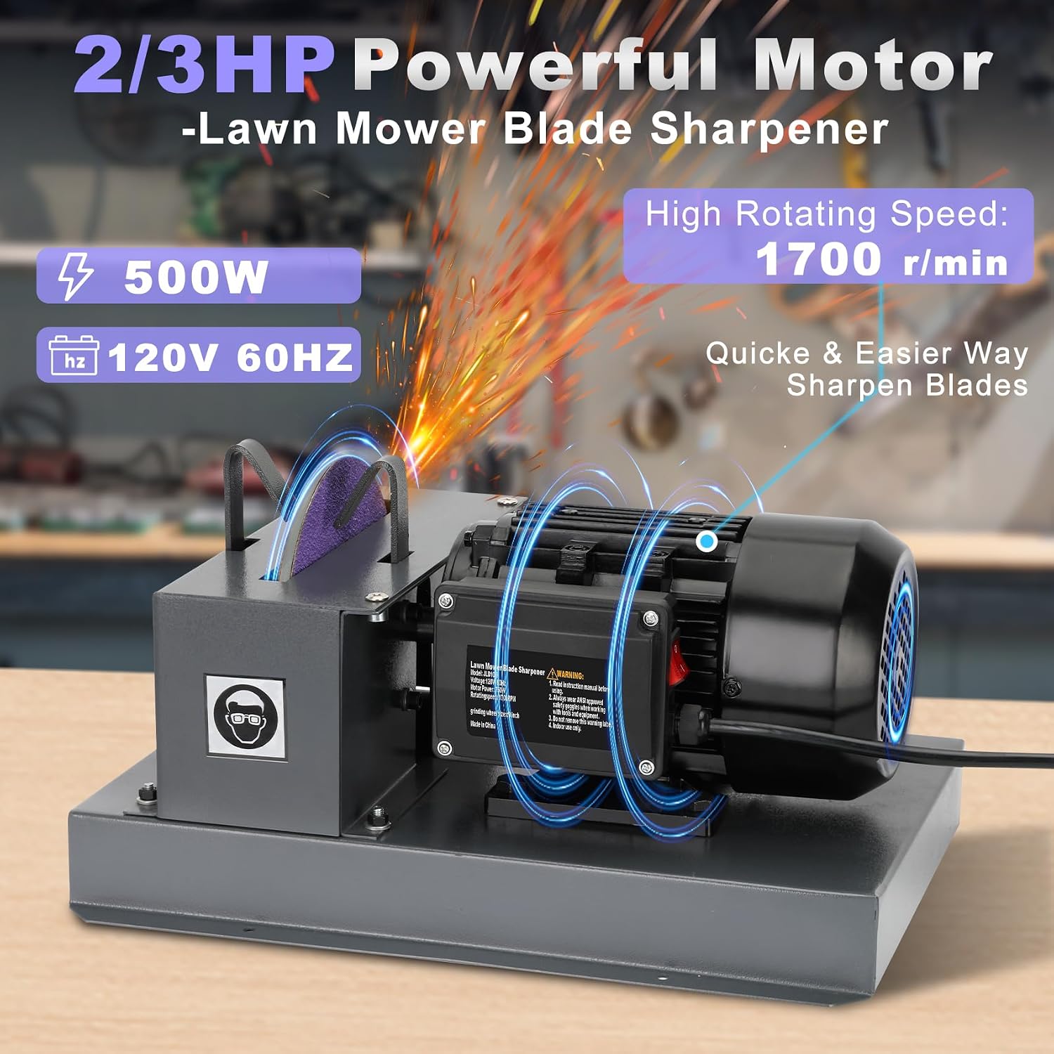 Lawn Mower Blade Sharpener, 2/3HP 500W Mower Grinder with 7 Inch Ceramic Grinding Wheel and 1 Pair 60 Grit Sandpaper & 40° Bracket for High/Low Lift, Gator & Flat Blades Sharpen