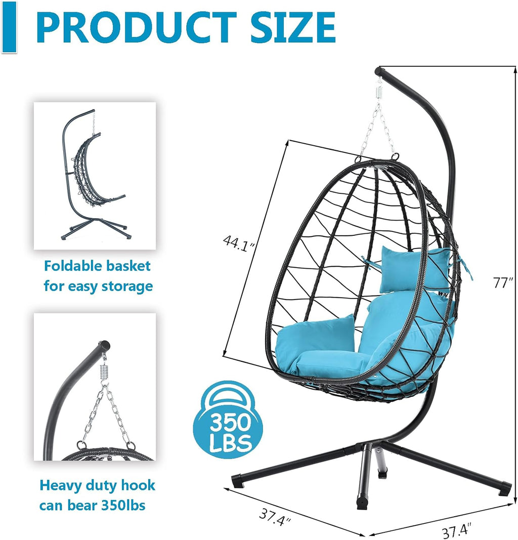 Hanging Egg Chair with Stand, Black Wicker Rattan Swing Egg Chair, Indoor Outdoor Swing Chair for Patio Balcony Porch Bedroom, 350 LBS Capacity (Light Blue)