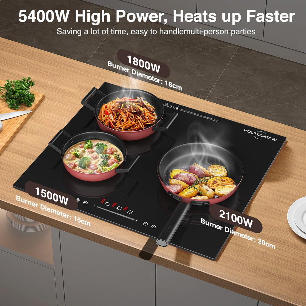 24' Built-in Induction Cooktop 5400W, 3 Burner Electric Stove for Kitchen Countertop, Touch Control, Safety Lock, Easy Clean Glass Surface