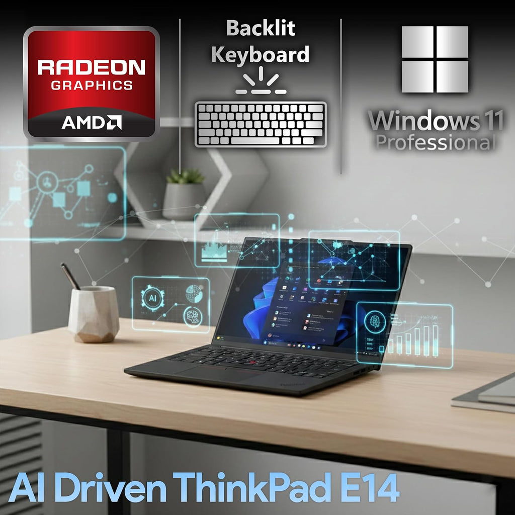 Lenovo ThinkPad E14 Gen 7 14' FHD+ Display, AMD Ryzen 7 250 (Beats Core 7 240H), 16GB DDR5 RAM, 512GB SSD PCIe, Backlit KB, WiFi 6E + BT, RJ-45, FHD Webcam, Windows 11 Pro, AI Business Laptop - Black