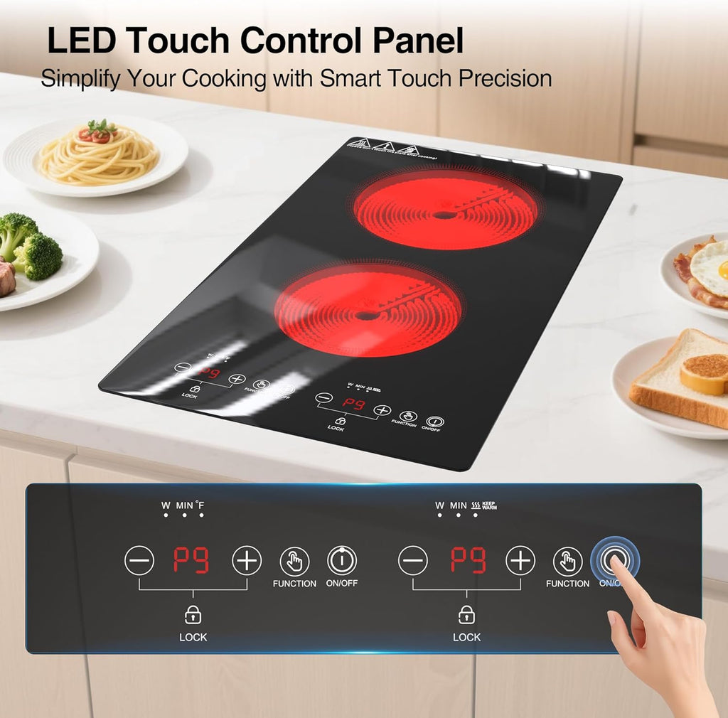 WABK Electric Cooktop 2 Burners, 12' Electric Stove Top with Plug in, Sensor Control Countertop & Built-in Ceramic Cooktop, Keep-Warm, 9 Heating Level, Timer, Child Lock, Compatible with All Cookware