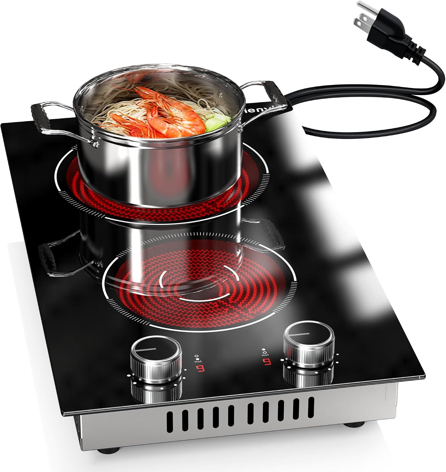 2 Burner Electric Cooktop, 12 Inch Countertop & Built-in Electrical Stovetop, 110V Electric Stove with Plug, Knob Control, 9 Power Level, 2000W(1400W+600W)