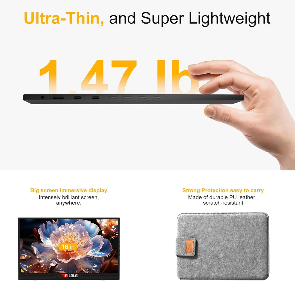 144Hz 16' Portable Monitor,1920×1200 FHD IPS Plug&Play Second External Monitor with USB-C Mini HDMI Port,Second Screen Compatible with PC Phone Mac Xbox PS4/5-Z8