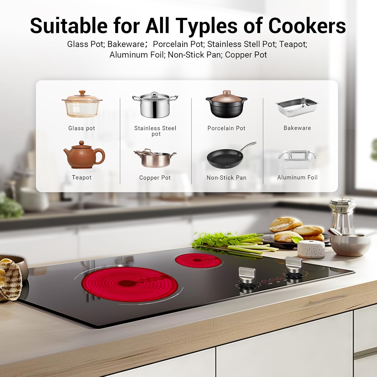 Electric Cooktop 2 Burner, 21 Inch Double Electric Stove Top Mechanical Knob Control Built-in 3700W Large Ceramic Stove Top, 9 Heating Level, 220-240V, Hard Wired,Overheating Protection