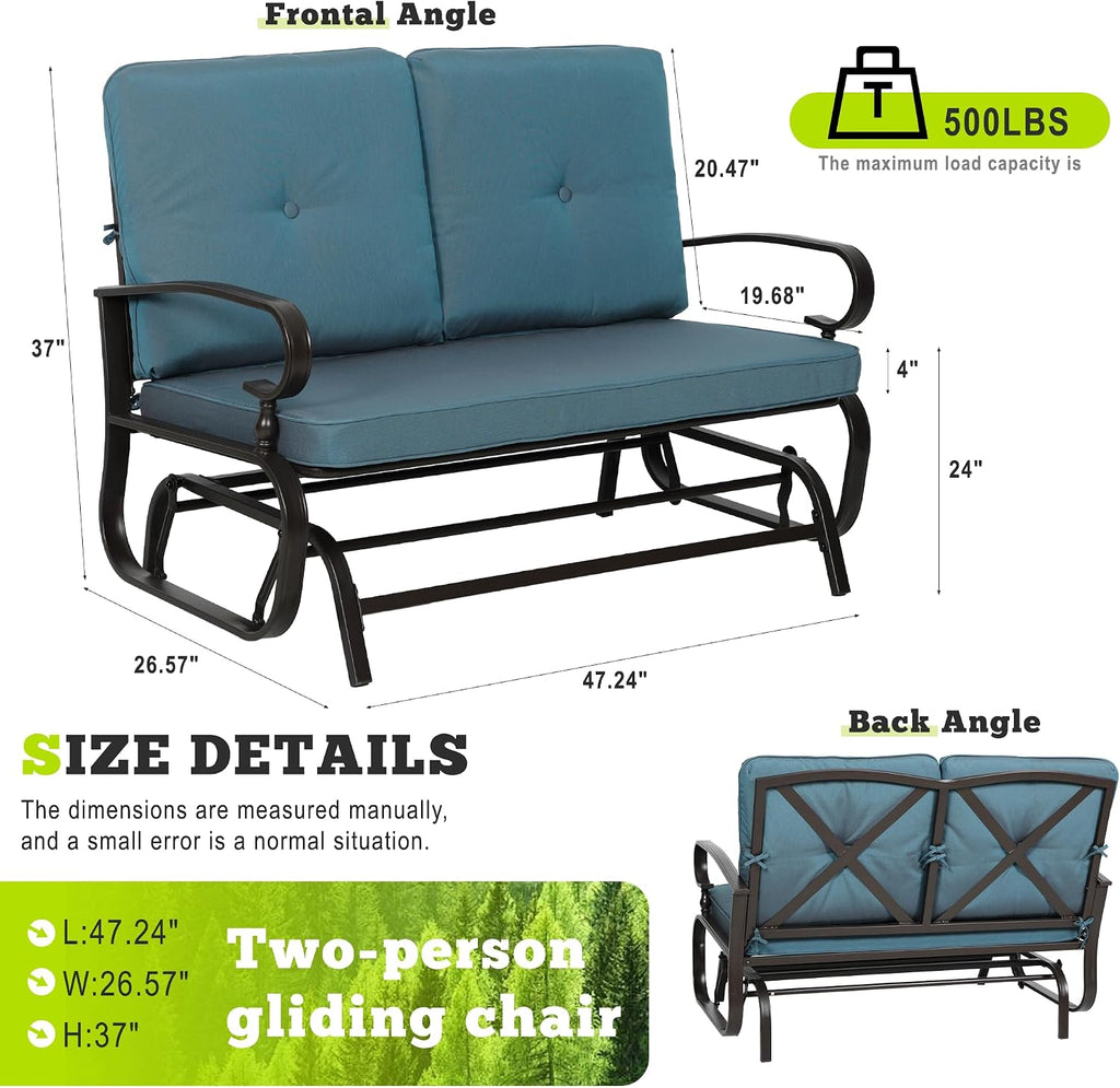 Outdoor Bench Patio Swing Glider Loveseat 2 Seats Rocking Chair, Wrought Iron Gliders for Outside Patio with Cushion (Blue)