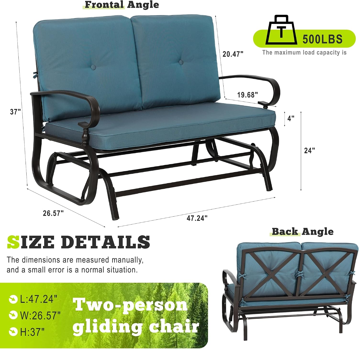 Outdoor Bench Patio Swing Glider Loveseat 2 Seats Rocking Chair, Wrought Iron Gliders for Outside Patio with Cushion (Blue)