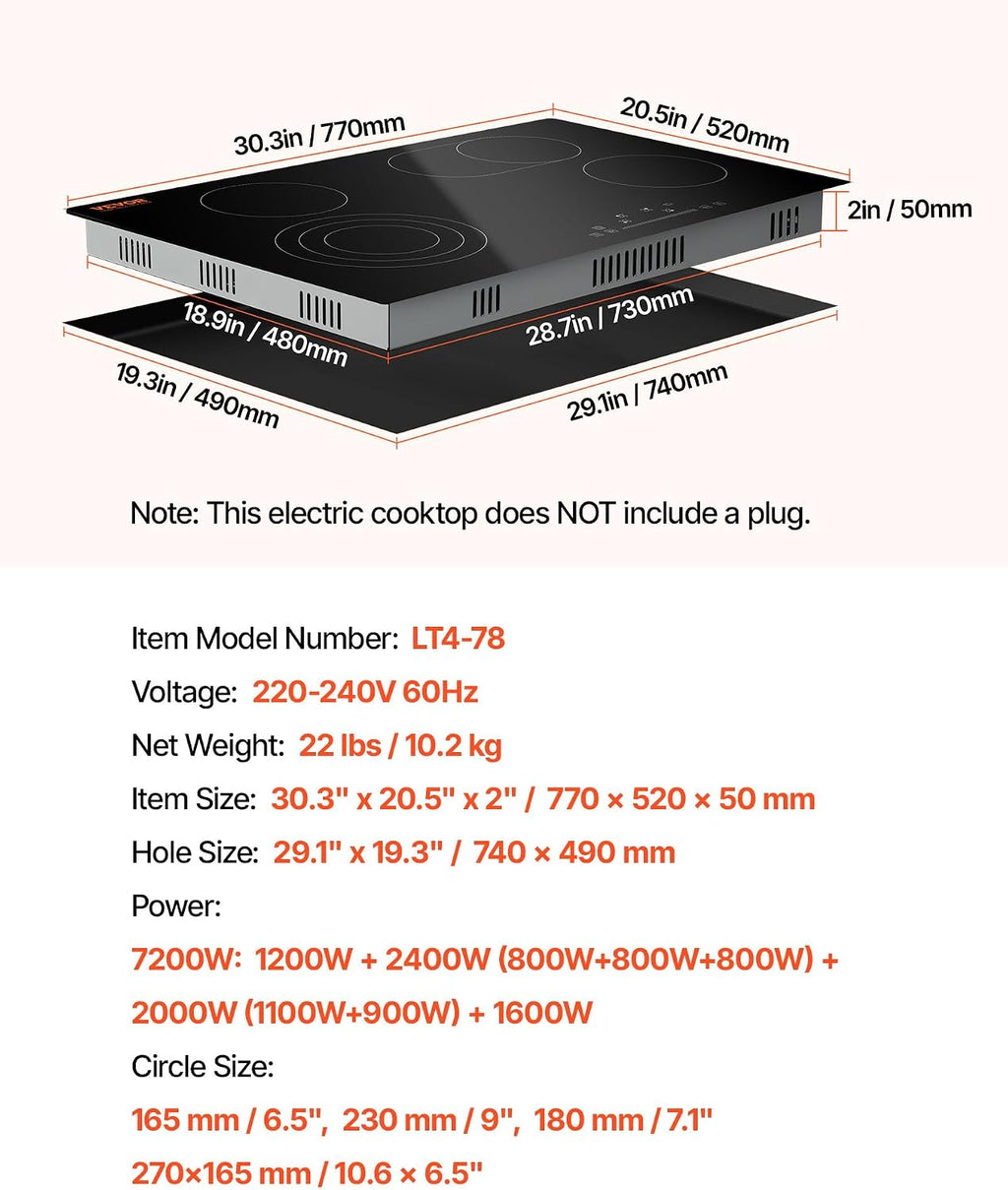 VEVOR Built in Electric Stove Top, 30 inch 4 Burners Ceramic Cooktop, 240V Glass Radiant Cooktop with Sensor Touch Control, Timer & Child Lock Included, 9 Power Levels for Simmer Steam Slow Cook Fry