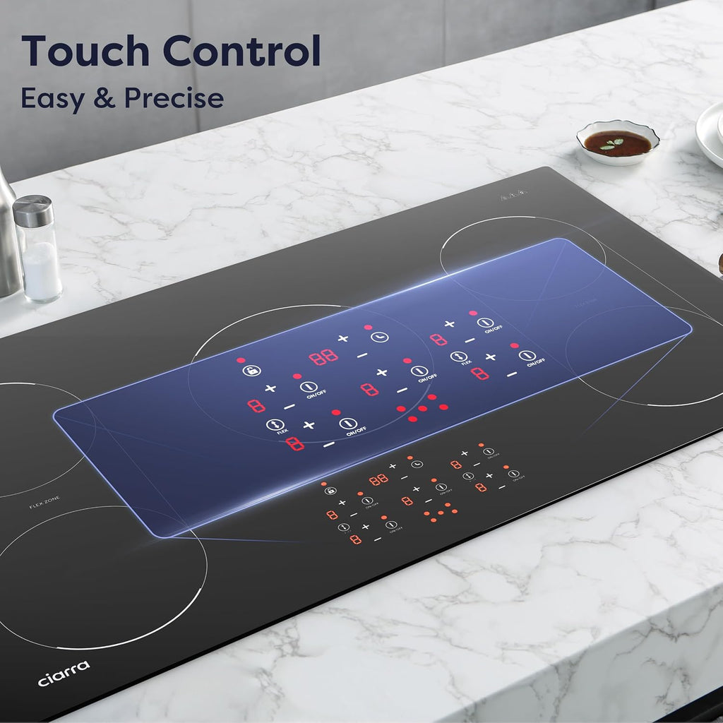 CIARRA 36 inch Induction Cooktop 5 Burners, 9600W Built-in Induction Stovetop with Double Flexi Zone, Booster, Timer & Safety Lock