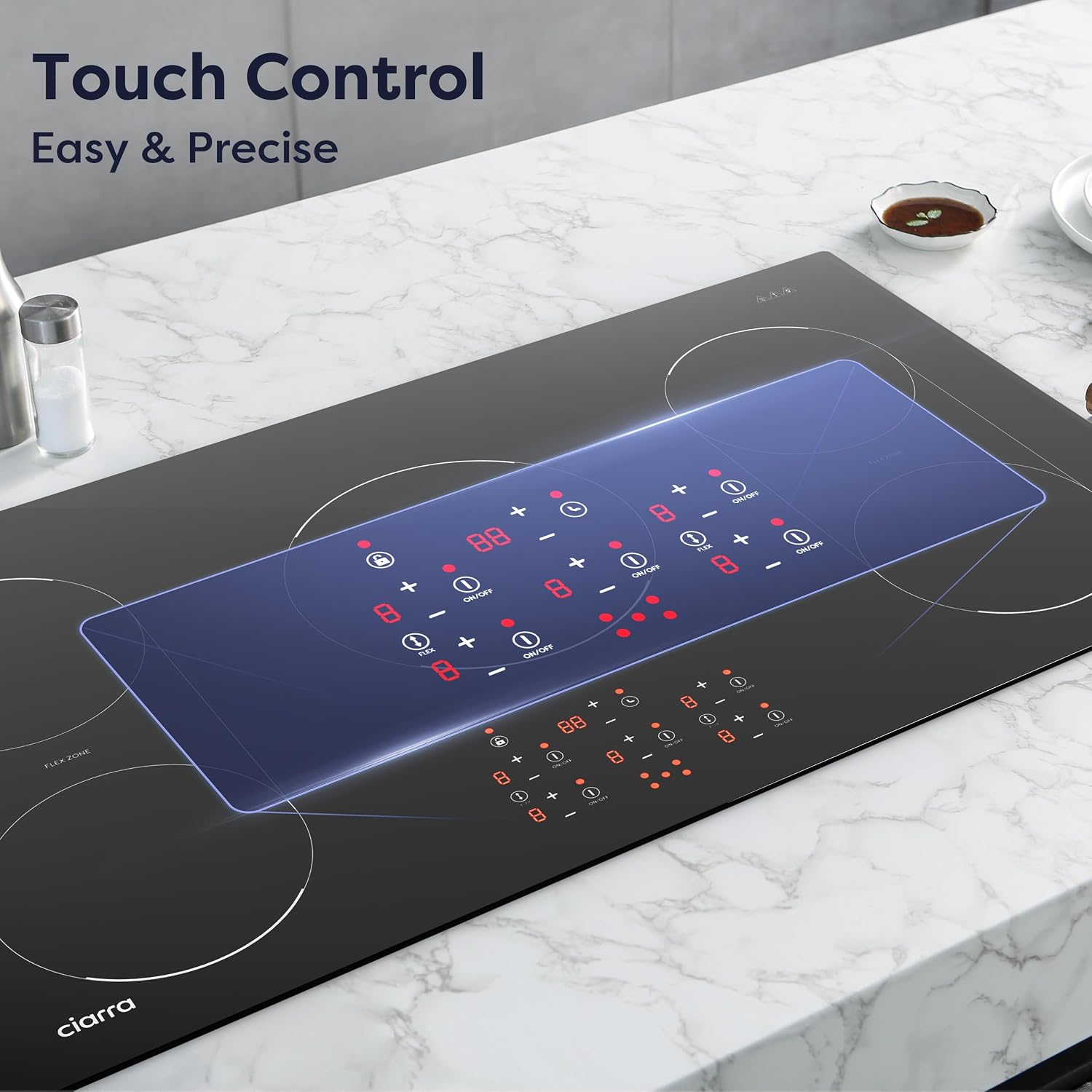 CIARRA 36 inch Induction Cooktop 5 Burners, 9600W Built-in Induction Stovetop with Double Flexi Zone, Booster, Timer & Safety Lock