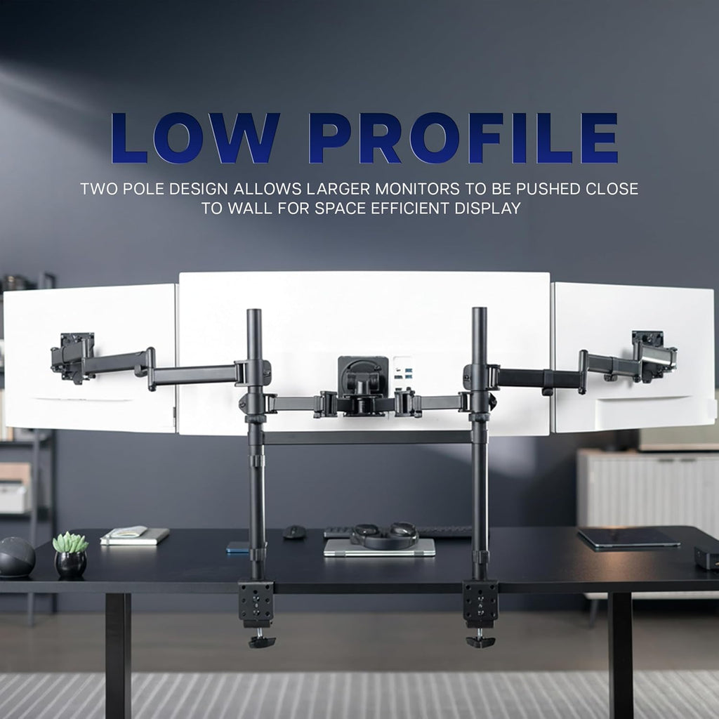 VIVO Clamp-on Dual Pole Triple Monitor Desk Mount for 1 Center Utrawide up to 49 inches and 59.4 lbs, 2 Side Screens up to 38 inches and 17.6 lbs, Low Profile Adjustable Stand, Black, STAND-V300CU