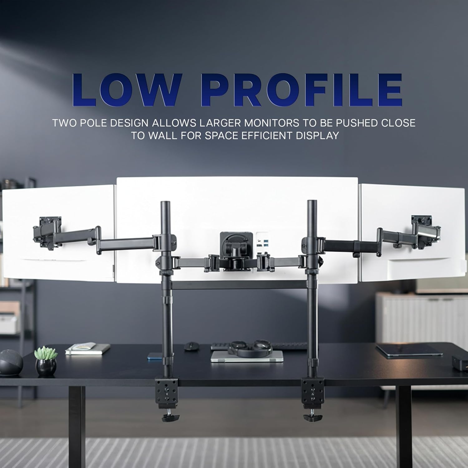 VIVO Clamp-on Dual Pole Triple Monitor Desk Mount for 1 Center Utrawide up to 49 inches and 59.4 lbs, 2 Side Screens up to 38 inches and 17.6 lbs, Low Profile Adjustable Stand, Black, STAND-V300CU