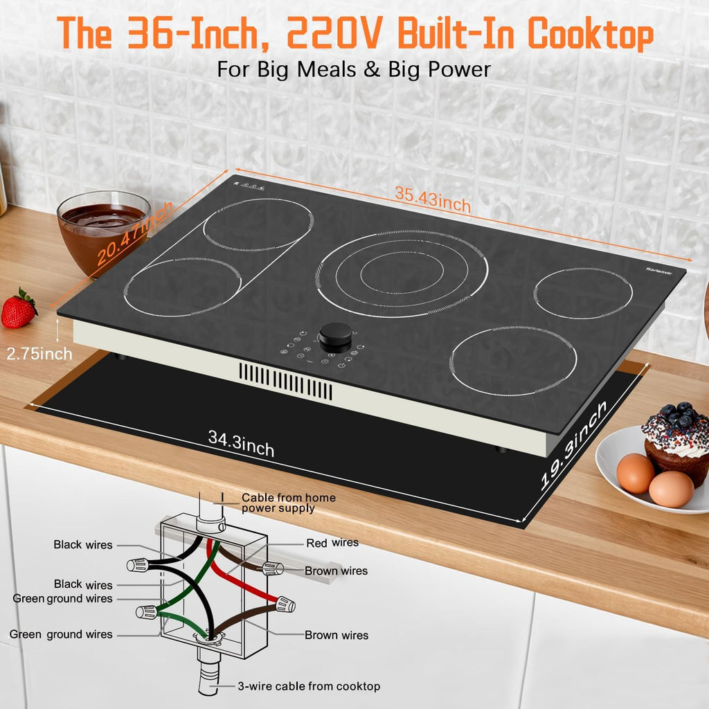 36 Inch Electric Cooktop, 5 Burner Stove Top 9600W, Built in Electric Cooktop 36', Magnetic Knob, Three-ring Burner & BBQ, Timer, Safety Lock, Pause, 220V-240V Hard Wire (No Plug)