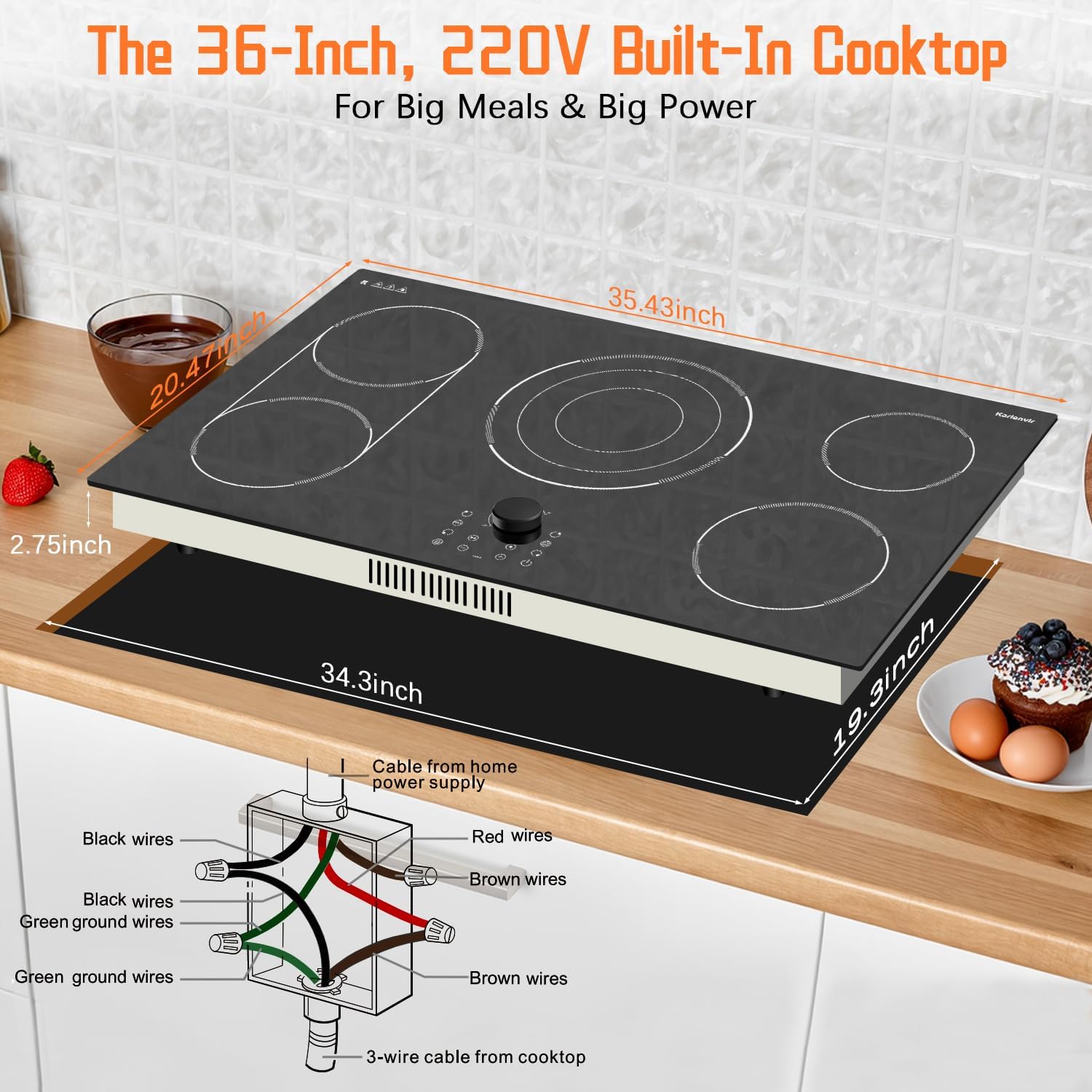 36 Inch Electric Cooktop, 5 Burner Stove Top 9600W, Built in Electric Cooktop 36', Magnetic Knob, Three-ring Burner & BBQ, Timer, Safety Lock, Pause, 220V-240V Hard Wire (No Plug)