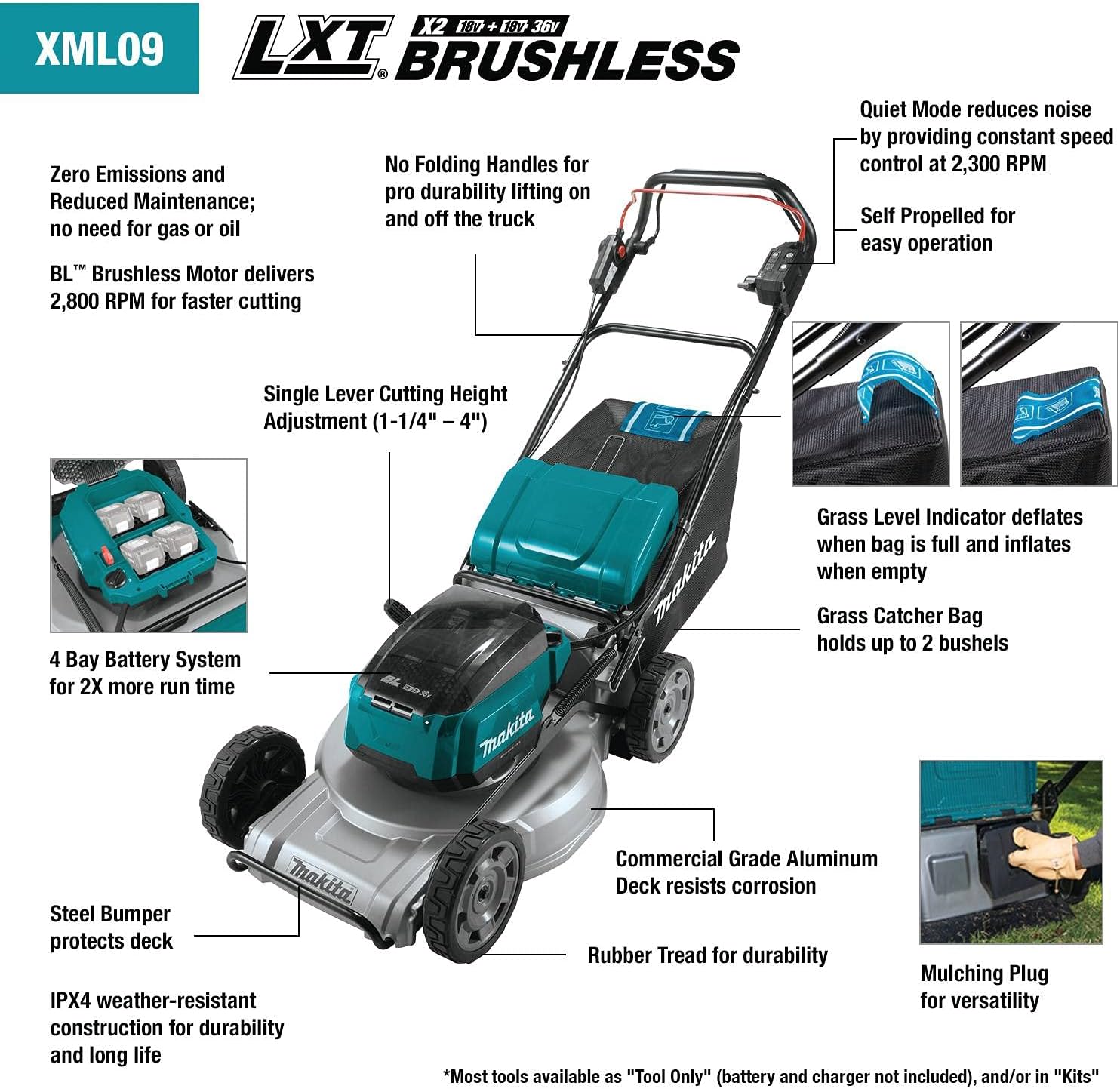 Makita XML09PT1 36V (18V X2) LXT® Brushless 21' Self-Propelled Commercial Lawn Mower Kit with 4 Batteries (5.0Ah)
