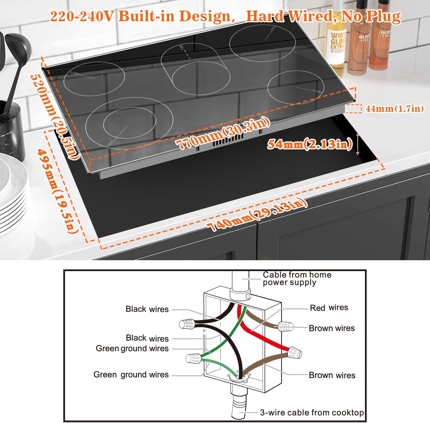 Karinear Electric Cooktop 30 Inch, 8400w 5 Burners Electric Stove Top, Built-in Ceramic Cooktop with Glass Protection Metal Frame, Multifunctional Stove for 220-240v, Hard Wire, No Plug