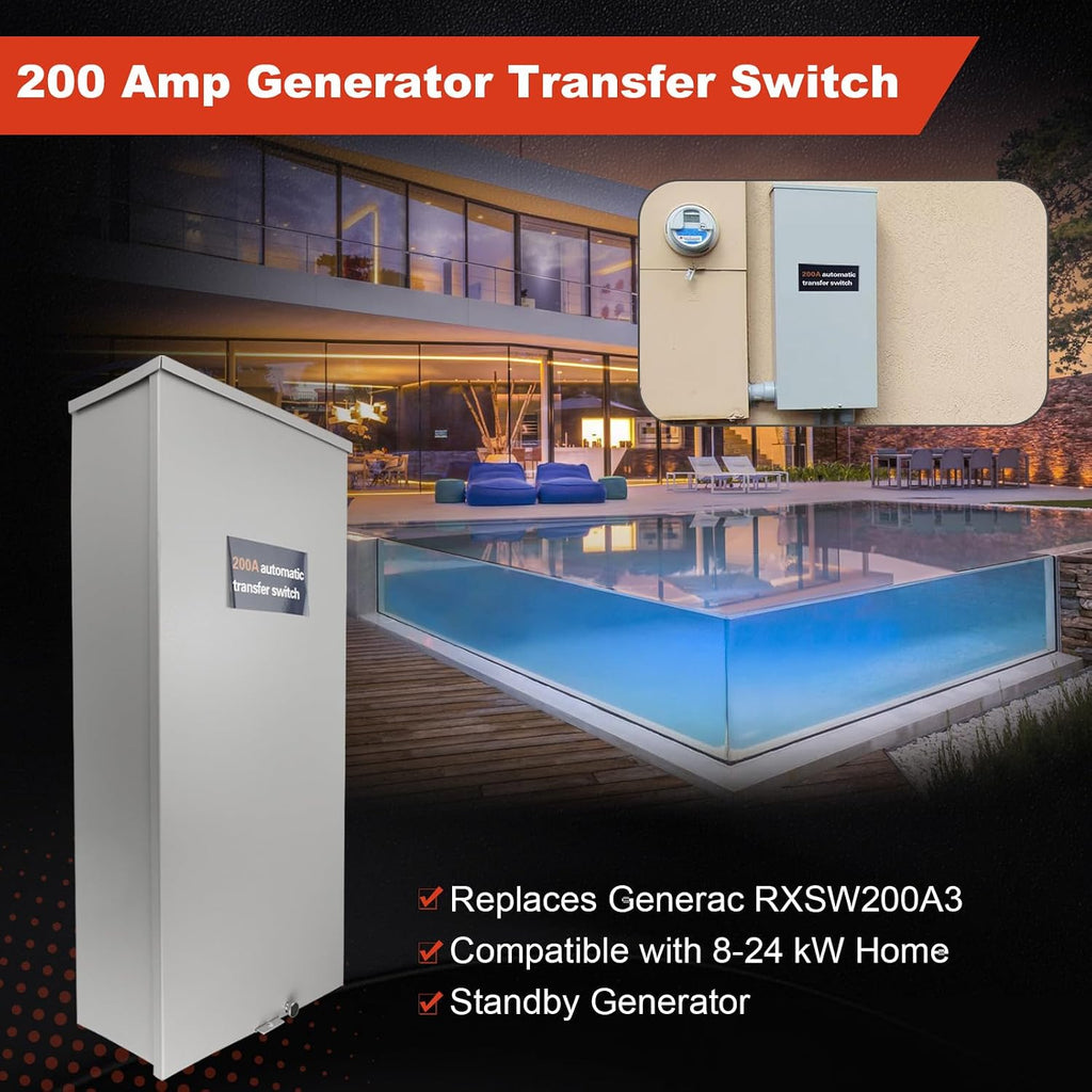 200 Amp Single Phase Generator Automatic Transfer Switch Compatible with Generac RXSW200A3,Power Management for Outdoor and Indoor Use, Service Entrance Rated, NEMA 3R Aluminum Enclosure 120/240 V