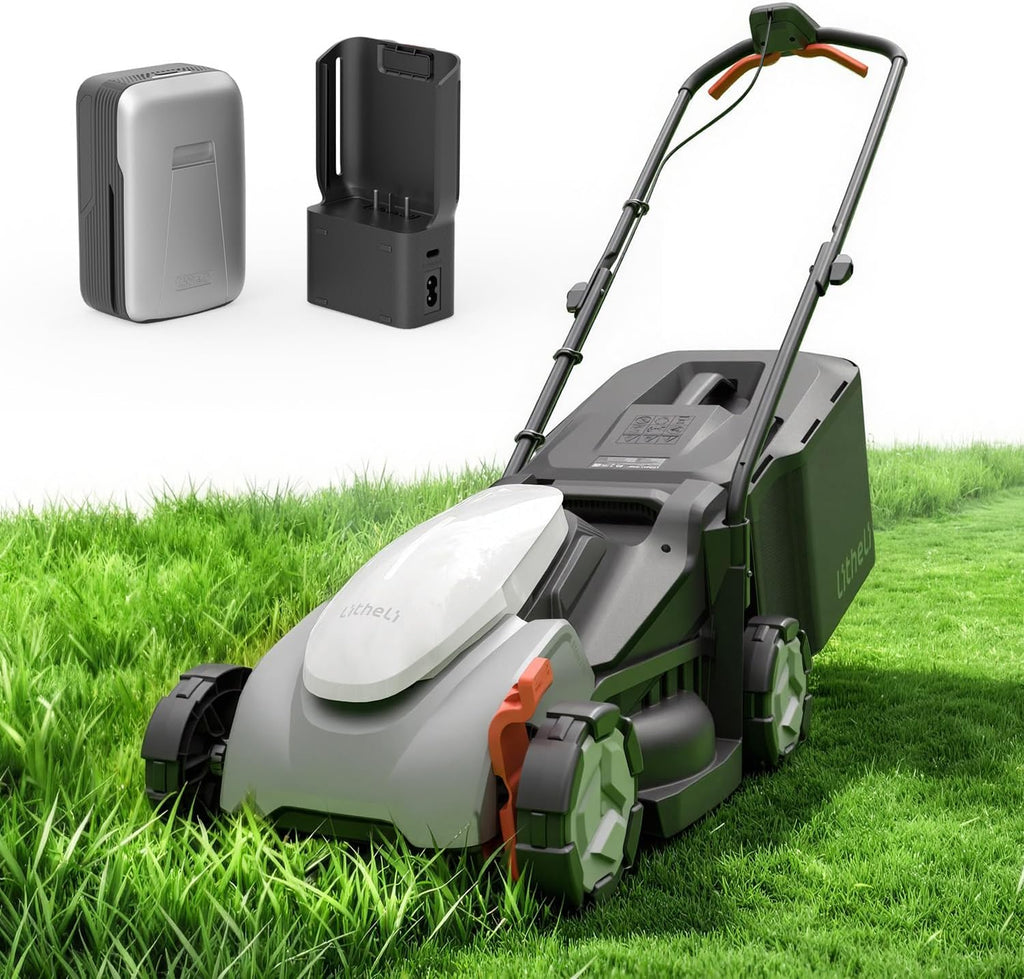 Litheli 14 Inch Cordless Lawn Mower, Brushless Motor Push Mower with Zero Maintenance, 5.0Ah Battery & Charger, Cuts up to 3500 Sq. Ft, 5-Position Height Adjustment (1-2.5 in), Lightweight Design
