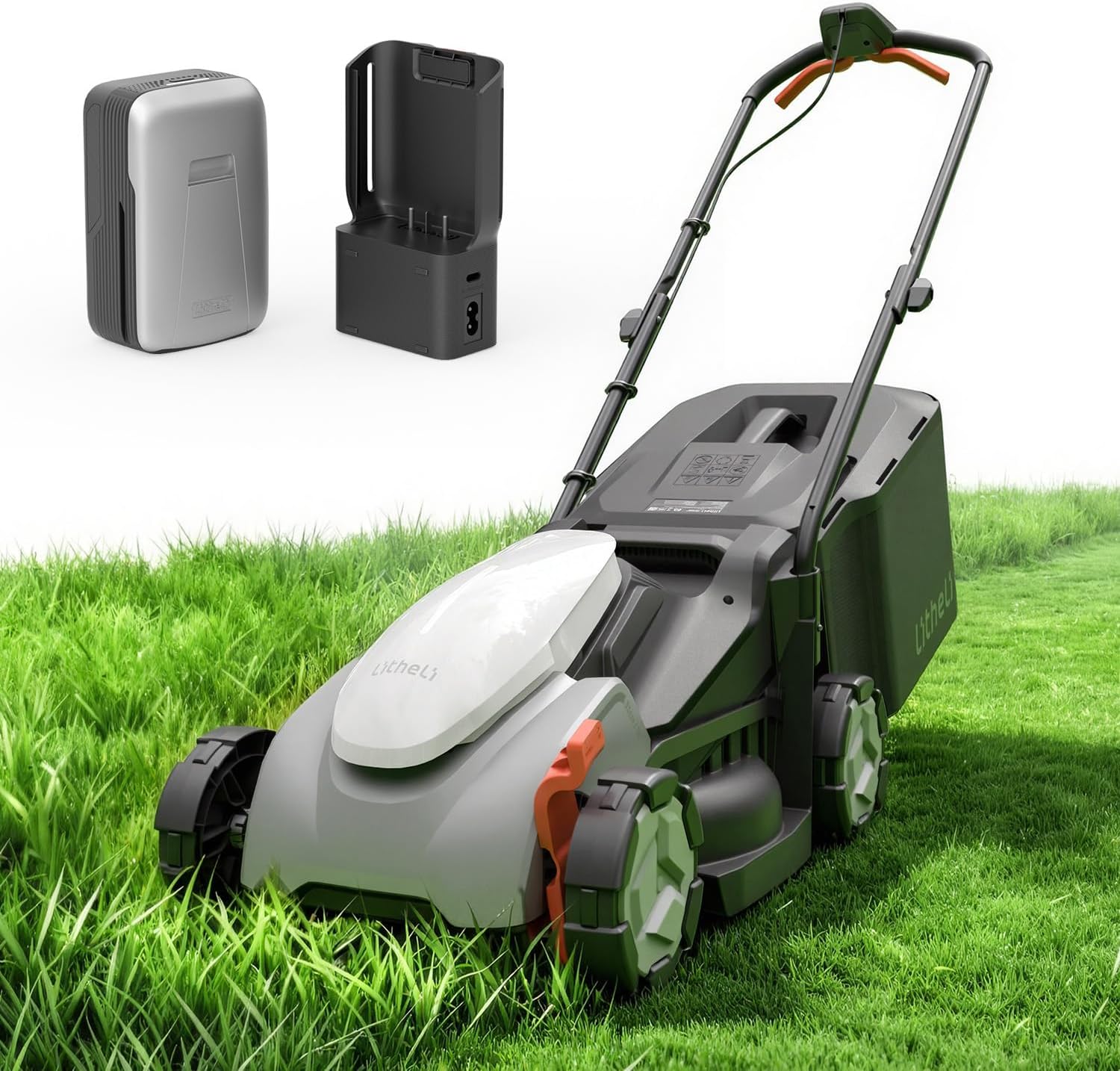 Litheli 14 Inch Cordless Lawn Mower, Brushless Motor Push Mower with Zero Maintenance, 5.0Ah Battery & Charger, Cuts up to 3500 Sq. Ft, 5-Position Height Adjustment (1-2.5 in), Lightweight Design