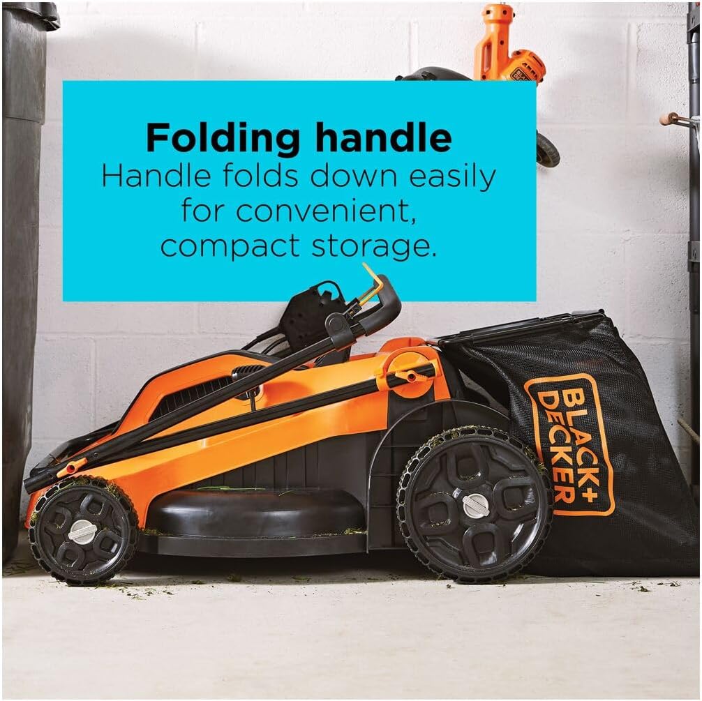 BLACK+DECKER Electric Push Lawn Mower, Corded, 13 Amp, 20-Inch Cutting Deck, 6 Setting Height Adjustment, Compact Storage, Collection Bag (BEMW213)