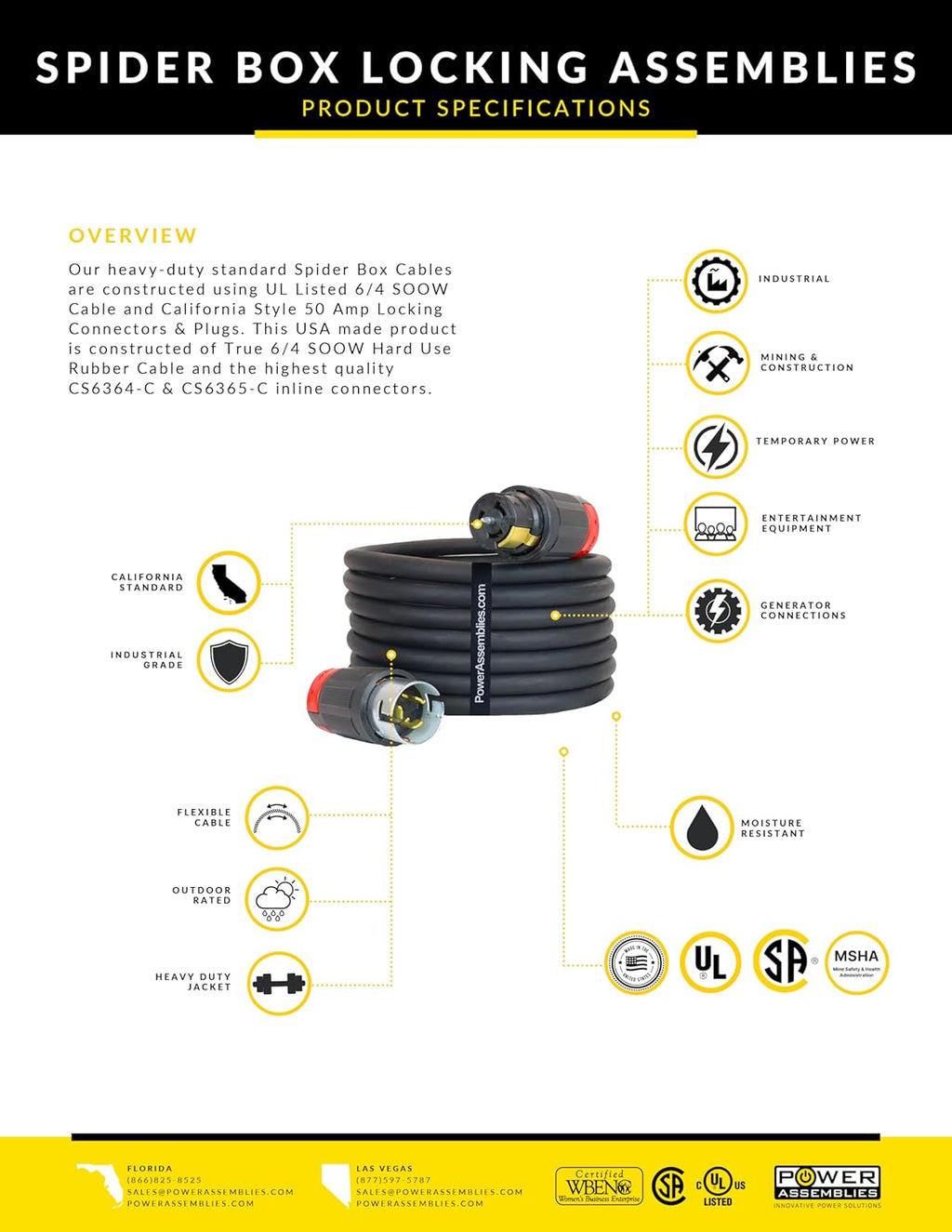 Spider Box Twist-Lock Generator Power Extension Cord, 50 Amp, 125/250V, SOOW Cable Type, Gauge 6/4, Professional-Grade California Standard Locking Extensions, 50' Long, Black