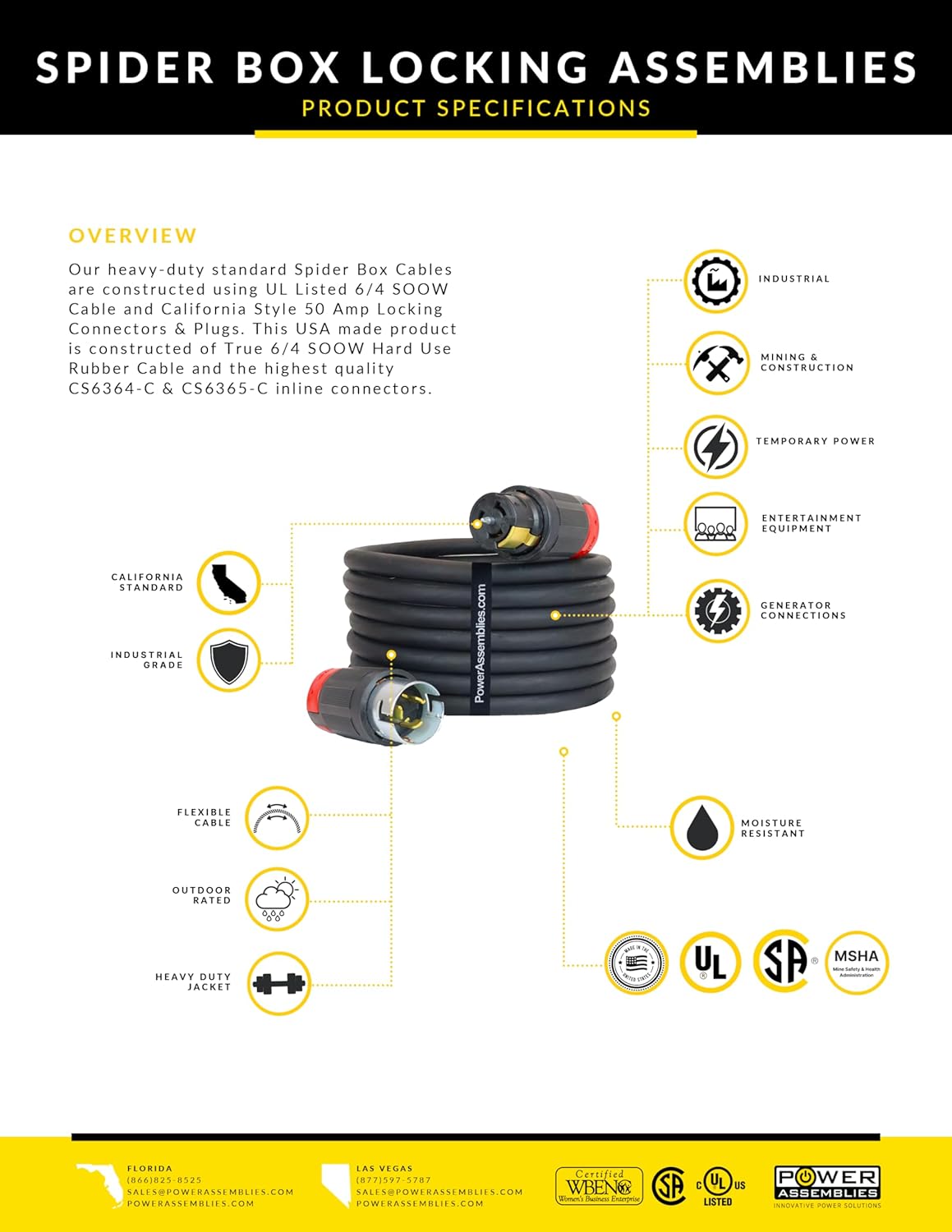 Spider Box Twist-Lock Generator Power Extension Cord, 50 Amp, 125/250V, SOOW Cable Type, Gauge 6/4, Professional-Grade California Standard Locking Extensions, 50' Long, Black