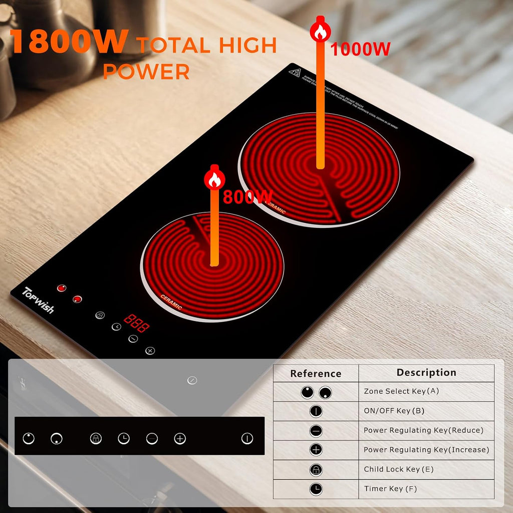 Electric Cooktop, TOPWISH 2 Burner Electric Cooktop Built-in, 110V Plug in Cook Top Stove Burners for Cooking, 12 Inch Stove Top with Touch Control, Timer, Child Lock, Over Heat Protection